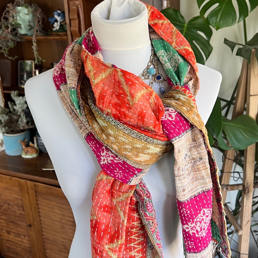 Kantha Vibrant Multicolor Scarf Wrap Shrug or Table Runner Decor NWOT - Picture 2 of 13